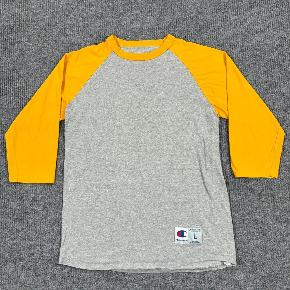Champion Authentic Raglan Baseball T-Shirt Mens Large Gray Yellow 3/4 Sleeve